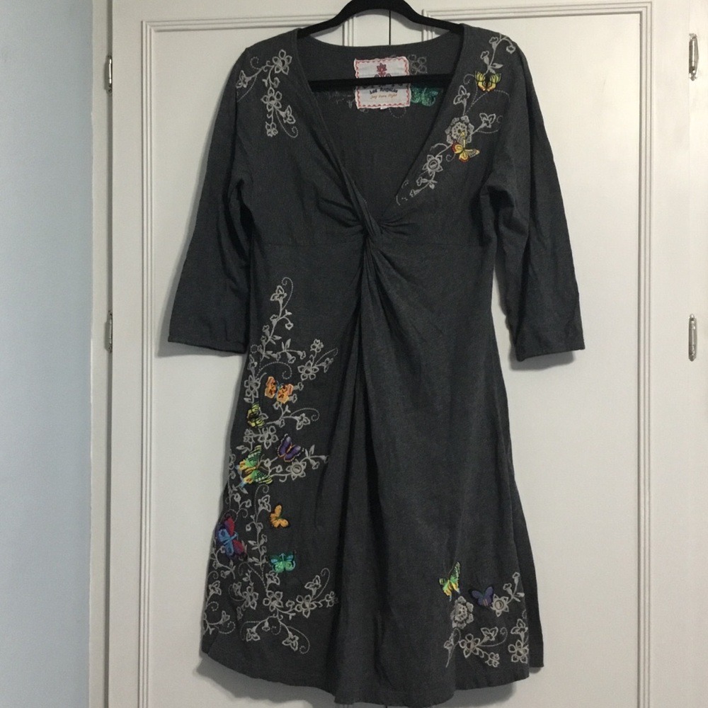 Johnny Was Butterfly Embroidery Twist Front 3/4 Sleeve Cotton Dress M